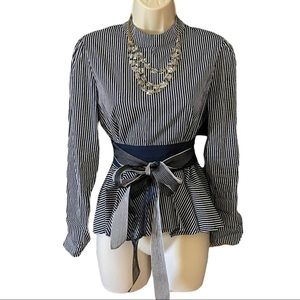 Elegant Belted Navy Pinstripe Blouse